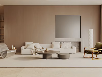 Modern Living Room Interior With Light Brown Walls White Sofa And Green Armchair 3d model