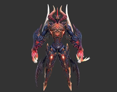 Dark Armored Mythical Creature Character With Multiple Horns Sharp Claws And Glowing Red Details 3d model