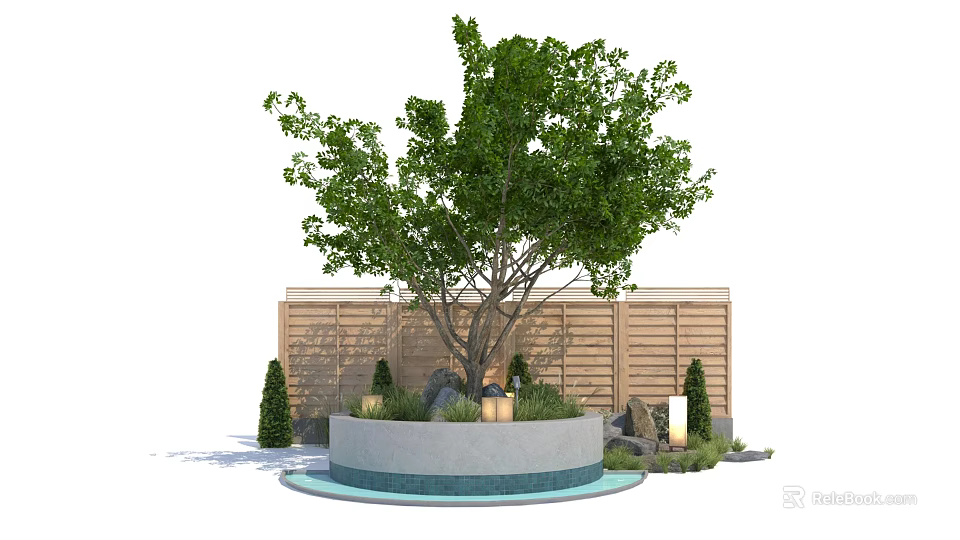 Lush Ornamental Tree In Garden With Circular Stone Base Wooden Fence And Shrubs 3d model 