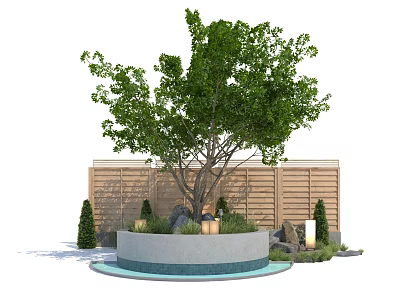 Lush Ornamental Tree In Garden With Circular Stone Base Wooden Fence And Shrubs 3d model