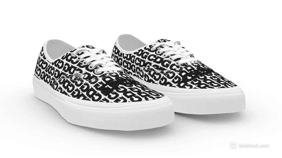 Casual Low Top Canvas Shoes with Black and White Repeating Letter Print and White Sole 3d model 