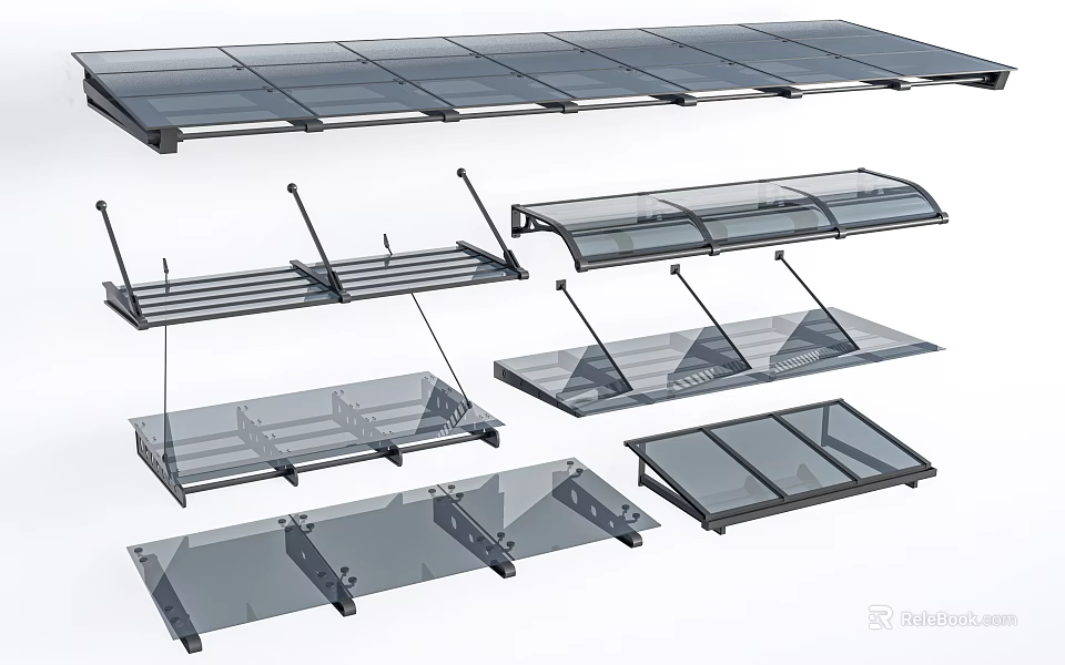Modern Transparent Glass Awnings With Metal Brackets And Various Outdoor Styles 3d model 