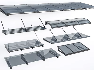 Modern Transparent Glass Awnings With Metal Brackets And Various Outdoor Styles 3d model