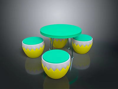 Round Green Dining Table With Four Egg Shaped Yellow And White Stools Modern Smooth Surface 3d model