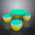 Round Green Dining Table With Four Egg Shaped Yellow And White Stools Modern Smooth Surface