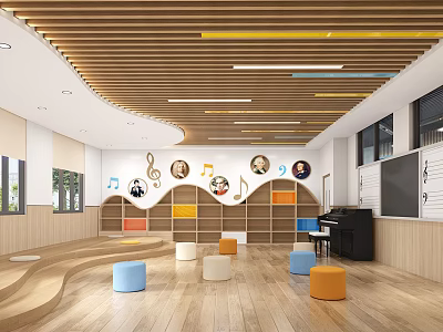 Art And Book Themed Kids Classroom With Music Notes Portraits Bookshelves Piano Colorful Stools 3d model