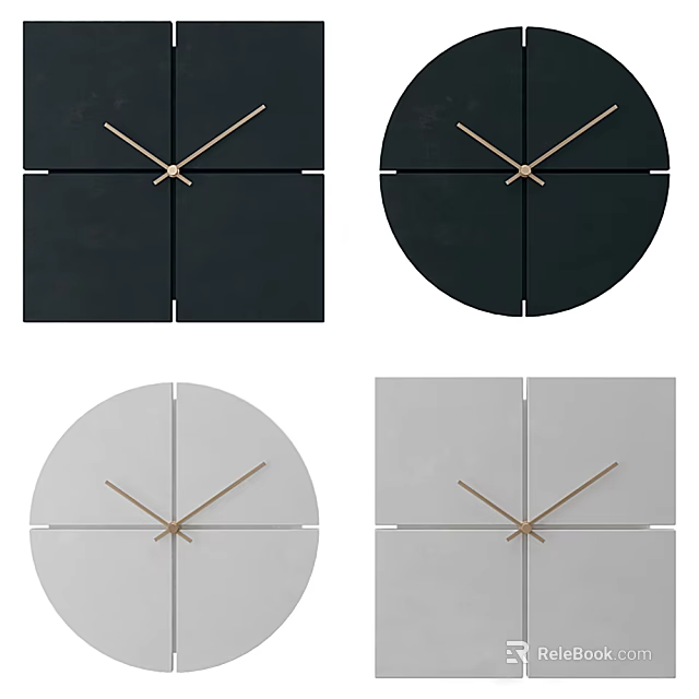 Modern Minimalist Clocks With Square Round Shapes Black White Geometric Divided Panels 3d model 