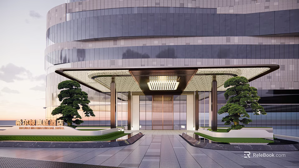 Modern Architectural Main Entrance Gate With Curved Facade Glass Curtain Wall And Pine Trees 3d model 