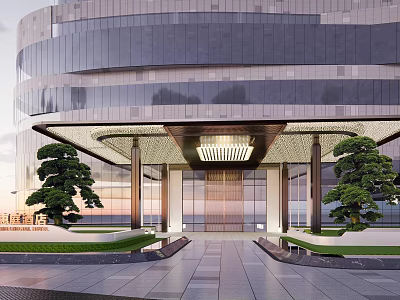 Modern Architectural Main Entrance Gate With Curved Facade Glass Curtain Wall And Pine Trees 3d model