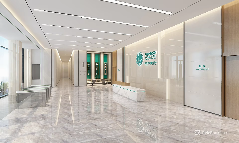 Modern Reception Area With Bright Space Glass Walls Green Signage And Marble Flooring 3d model 
