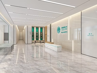 Modern Reception Area With Bright Space Glass Walls Green Signage And Marble Flooring 3d model