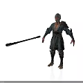 Man In Traditional Robe With Arm Guards Holding Long Wooden Staff