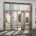 Modern Double Entry Doors Featuring Brass Frame Glass Panels And Potted Plants In Interior