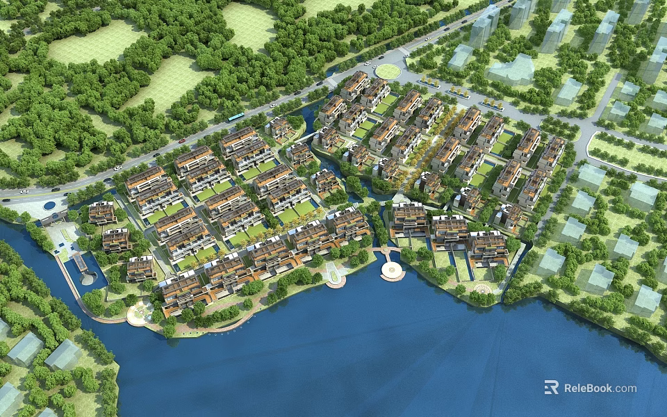 Aerial Planning of Waterfront Residential Community With Green Landscape And Buildings 3d model 