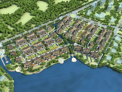 Aerial Planning of Waterfront Residential Community With Green Landscape And Buildings 3d model