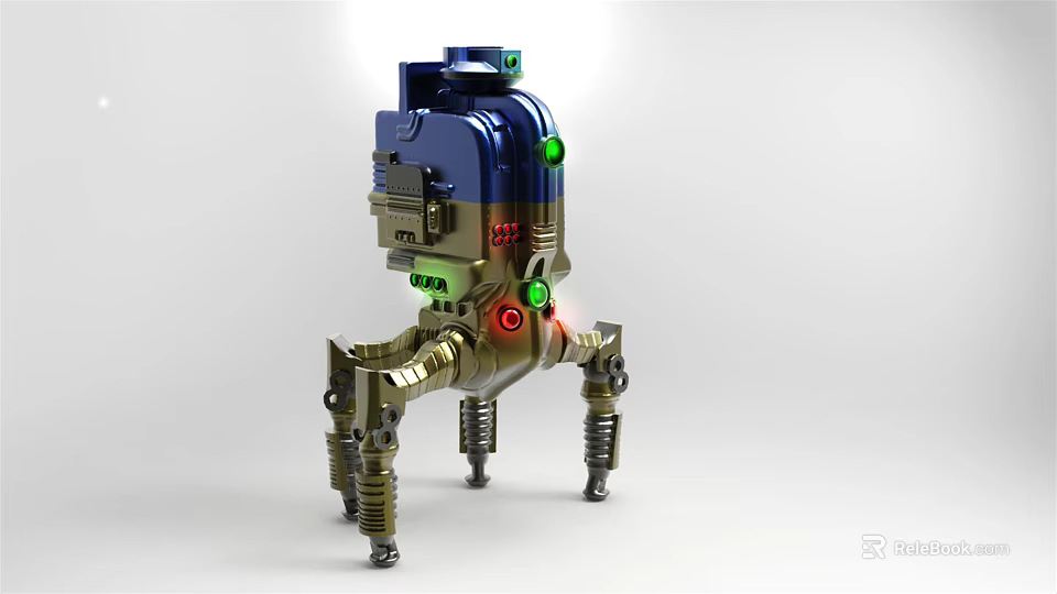 Multi Legged Robot With Blue Metallic Body And Green Red Indicators 3d model 