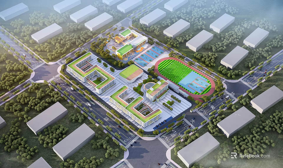 Modern School Campus Design Featuring Classroom Buildings Sports Field And Green Roofs 3d model 