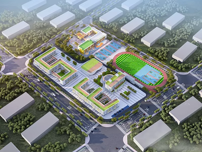 Modern School Campus Design Featuring Classroom Buildings Sports Field And Green Roofs 3d model
