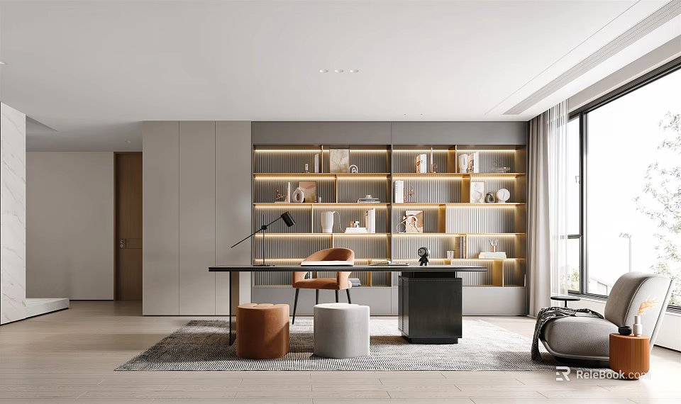 Elegant Modern Study Room Interior With Open Shelves Warm Lighting Desk Chair Rug And Window 3d model 