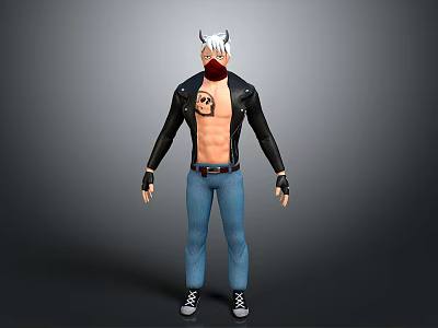 Man With White Horns Red Mask Skull Tattoo Black Leather Jacket And Blue Jeans 3d model