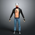 Man With White Horns Red Mask Skull Tattoo Black Leather Jacket And Blue Jeans