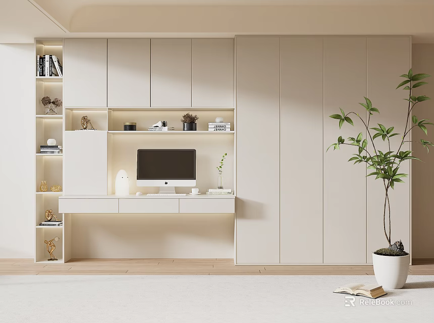 Modern White Bookshelf Interior Design With Computer Desk Storage And Green Plant 3d model 
