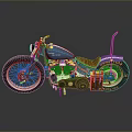 Blue Custom Motorcycle With Brown Leather Seat And Red Lettering On Tires