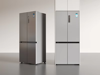 Modern Stainless Steel And White Refrigerators With Double Door Design In Minimalist Room 3d model