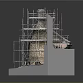 Scaffolding Equipment Supporting Masonry Tower Construction with Multiple Layers