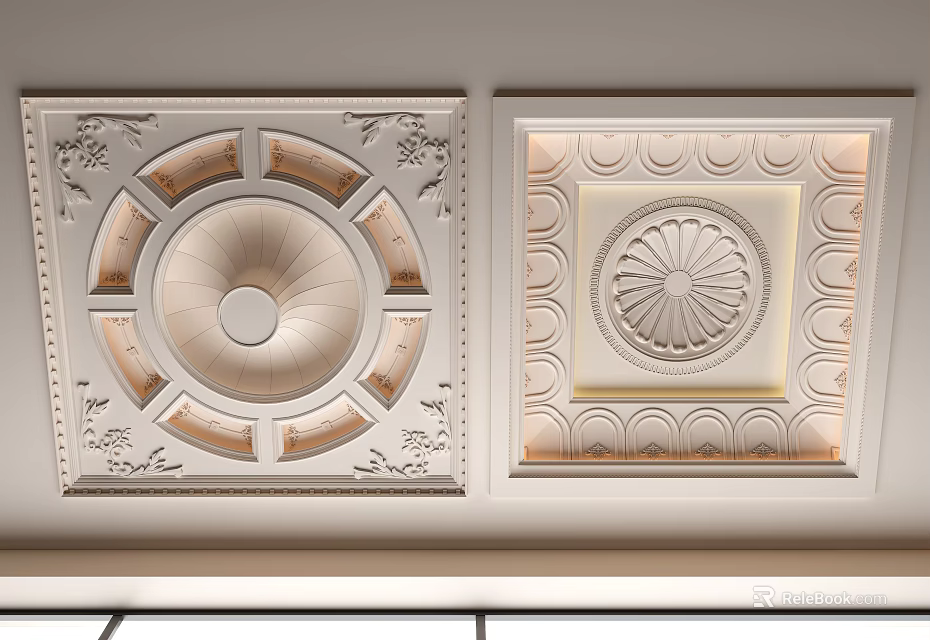 Elegant Ceiling Design Showcasing Decorative Carvings Circular Motif And Square Frame With Recessed Lighting 3d model 