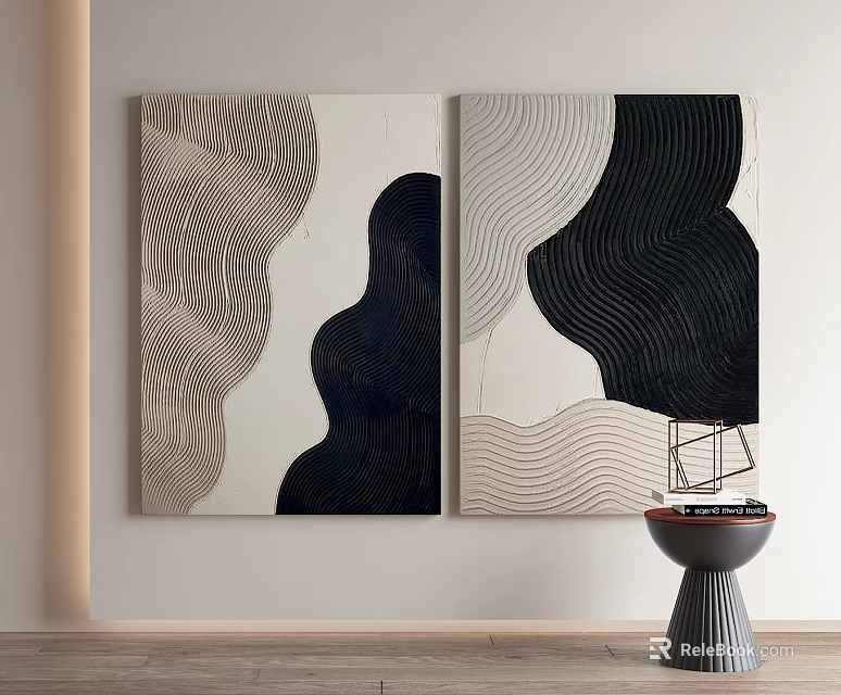 Abstract Wall Art With Black And White Wavy Lines Hanging Above Small Table With Books 3d model