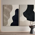 Abstract Wall Art With Black And White Wavy Lines Hanging Above Small Table With Books 3d model