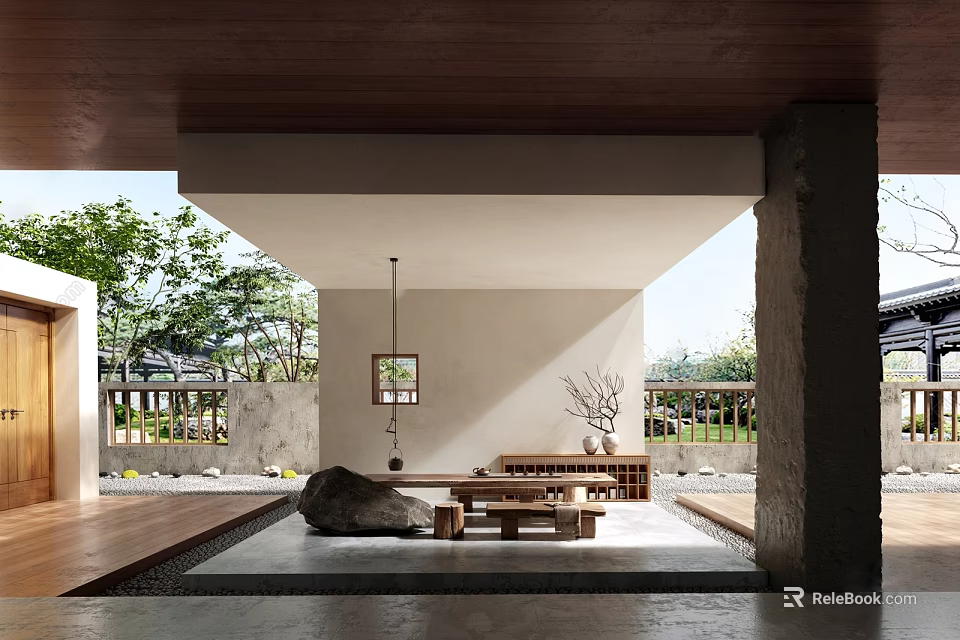 Serene Traditional Tea House Interior With Wooden Ceiling Stone Decor And Natural Light 3d model 