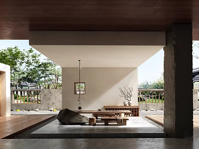 Serene Traditional Tea House Interior With Wooden Ceiling Stone Decor And Natural Light 3d model