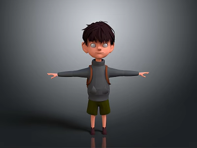 Cartoon Boy With Brown Hair Blue Eyes Gray Hoodie Green Shorts Brown Backpack Arms Outstretched 3d model