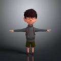 Cartoon Boy With Brown Hair Blue Eyes Gray Hoodie Green Shorts Brown Backpack Arms Outstretched