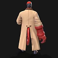 Red Horned Game Movie Character With Beige Trench Coat Black Shorts And Mechanical Claw