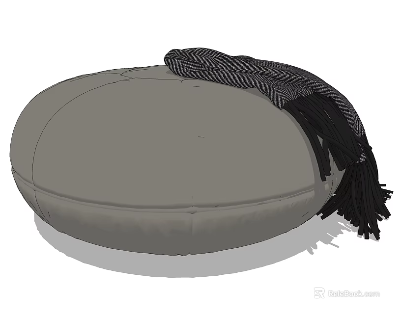 Modern Round Gray Ottoman with Black and White Striped Fringe Blanket 3d model 
