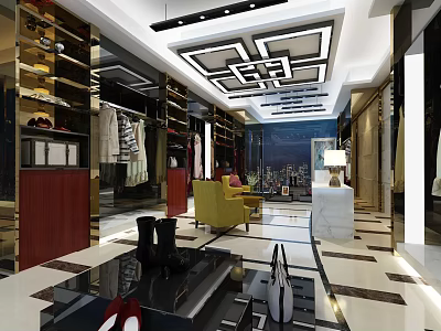 Modern Clothing Store Interior With Shelves Clothes Shoes Yellow Sofa White Armchair And Ceiling Design 3d model