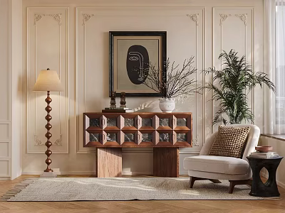 Elegant Wooden Decorative Cabinet Grid Design Wall Panels Floor Lamp Armchair Plant And Rug 3d model