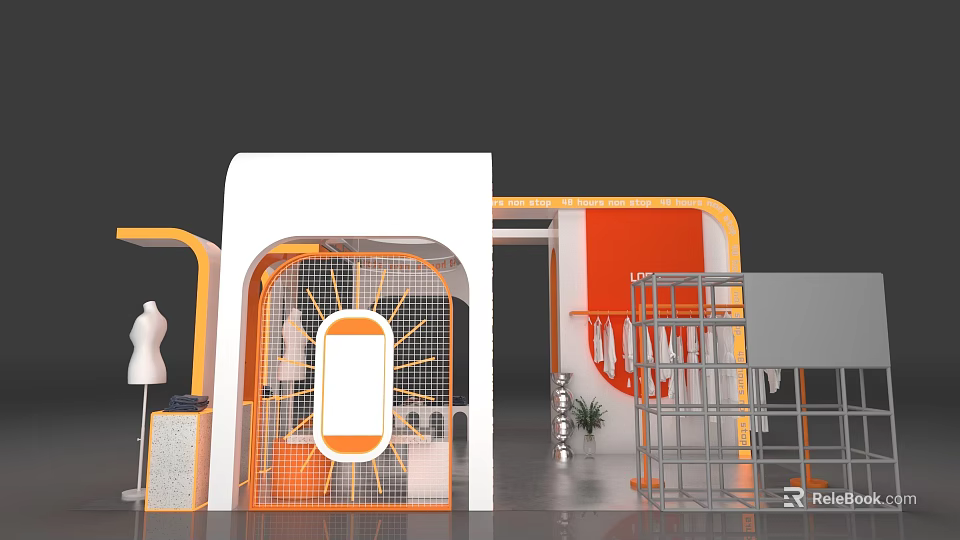 Orange And White Clothing Store Interior With Grid Entrance Mannequin And Metal Racks 3d model 