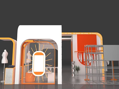Orange And White Clothing Store Interior With Grid Entrance Mannequin And Metal Racks 3d model