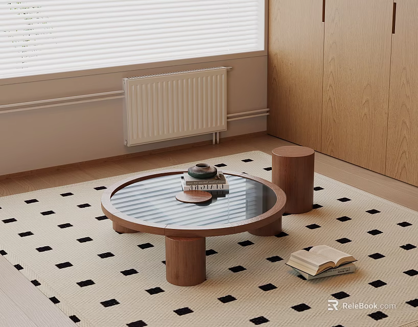 Modern Coffee Table With Wooden Legs Glass Top Round Stools And Black White Geometric Rug 3d model 