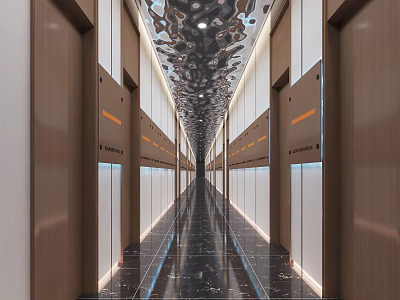 Elegant Hotel Corridor Interior With Metallic Decorative Ceiling And Polished Black Marble Floor 3d model