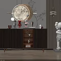 Wooden Entryway Cabinet And Sideboard With Circular Mirror Decorative Items Green Plant Art Statue