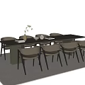 Modern Minimalist Dining Table Set With Beige Chairs Black Metal Legs And Ceramic Vase Bowls