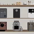 Daily Use Household Appliances on Wooden Shelves with Coffee Machines Water Dispensers and Cups