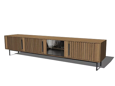 Modern Wooden TV Stand With Slatted Doors And Metal Legs Design 3d model
