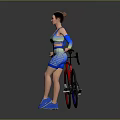 A Woman In Blue And Yellow Sportswear With Arm Sleeves By Red Sport Bicycle