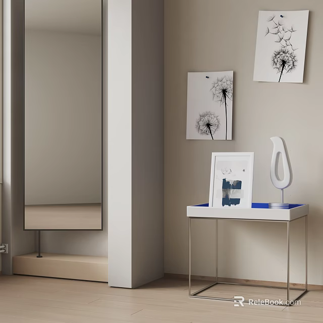 Modern Side Table With Metal Legs Photo Frame White Decor And Mirror With Dandelion Paintings 3d model 